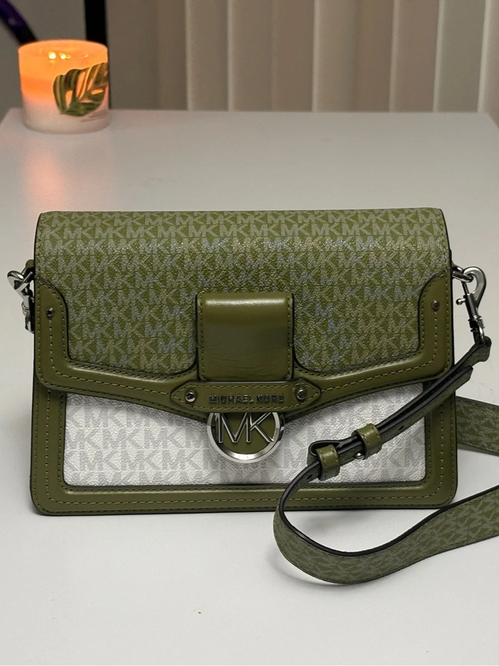 Michael Kors Olive Green and White Logo Crossbody Bag